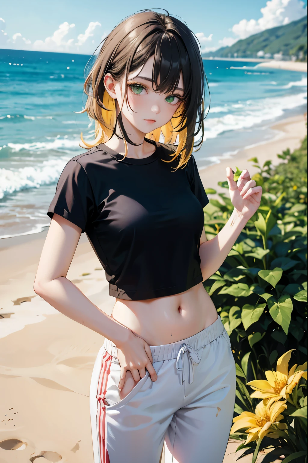 Yellow hair girl, messy hair, black hair highlights, green eyes, black cropped shirt, with for flower, white sweatpants, madure aesthetic body, in beach