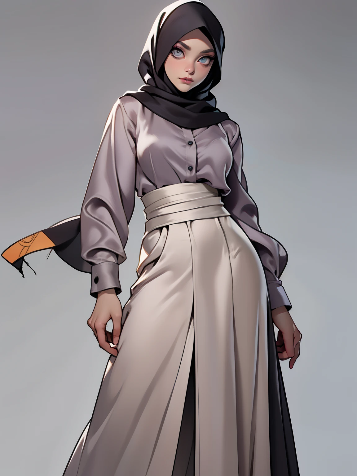 (Masterpiece, best quality) detailed, character sheet, ((a woman, beautifully makeup, eyeshadow, beautiful big eyes, long eye lashes, wearing (Taupe satin hijab), ((gray satin shirt)), satin long maxi skirt)), photography, detailed skin, realistic, photo-realistic, 8k, highly detailed, full length frame, High detail RAW color art, diffused soft lighting, shallow depth of field, sharp focus, hyperrealism, cinematic lighting, yokai illustration style, Aztec art, style artgerm, full of details. Standing Symmetric Centre, facing the viewer, gray background.