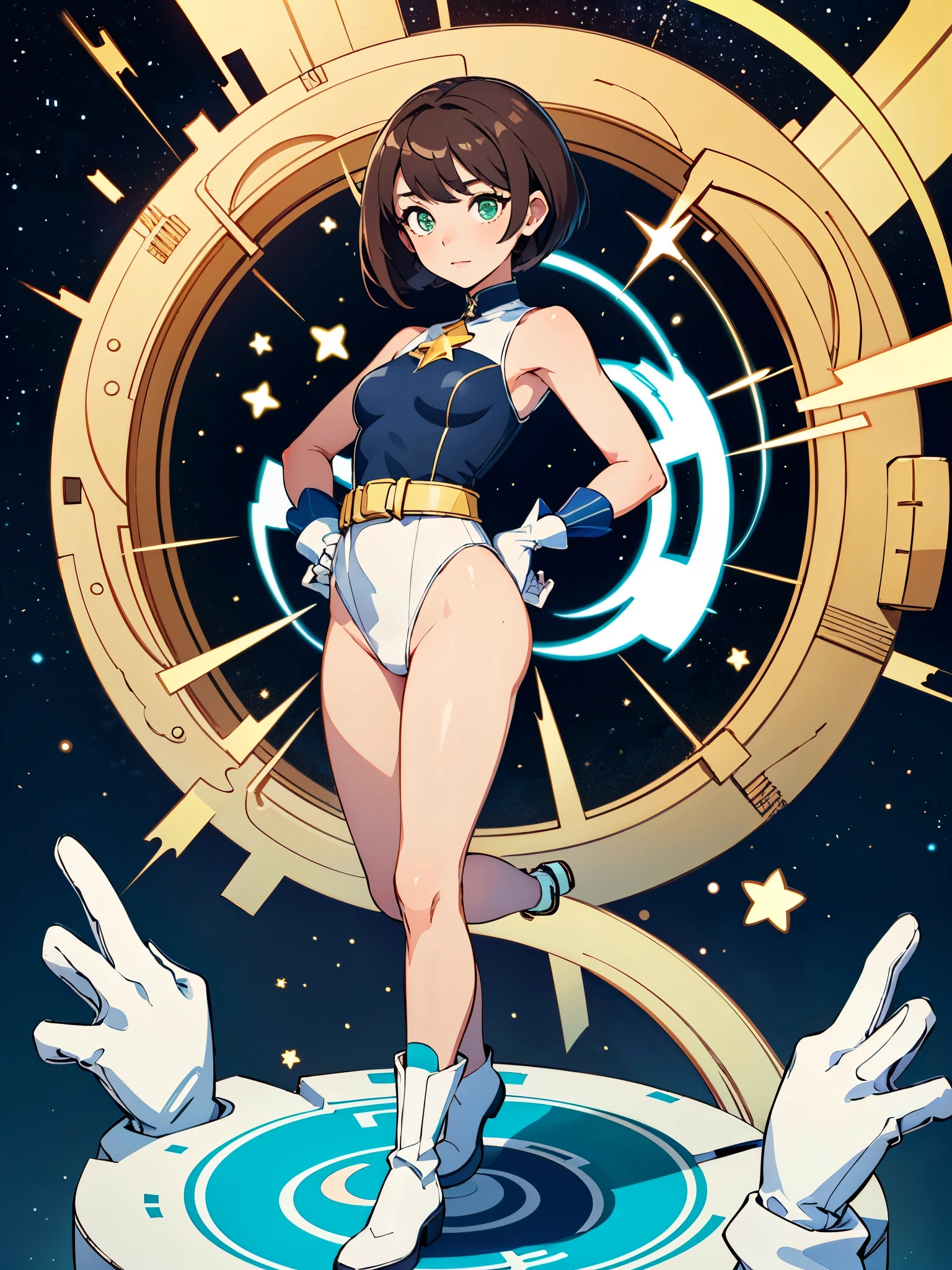 (((pixel-perfect, detail-perfect))), 1girl, superhero, leotard, highleg leotard, ((white and blue leotard)), bare legs, boots, gloves, ((white gloves)), standing, solo focus, (golden belt), hands on hip, full body shot, outer space, sleeveless, ultra highres, absurdres, beautiful face, detailed eyes, symmetric eyes, perfect body, good proportions, mature lady, brown hair, bob hair, (blue light, light swirls around her body), ((gold star on chest)), ((green eyes))