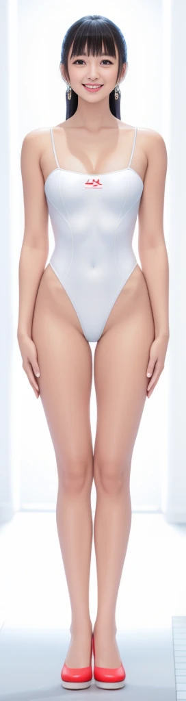 On a white background,A tall and beautiful Chinese girl,with fair skin,Toothy smile,A big smile,When you laugh, Your eyes are crescent-shaped,blunt bangs, long straight hair,Wear a one-piece swimsuit and pumps,Swimsuits are decorated with joyful patterns, Stand up straight,Stand upright,hands on sides,Symmetrical distribution,Ray tracing,All shaded areas,No windows, Soft lighting, Warm light, flood light, no lights on the top, Studio light, 1.4x Realistic Ultra HD