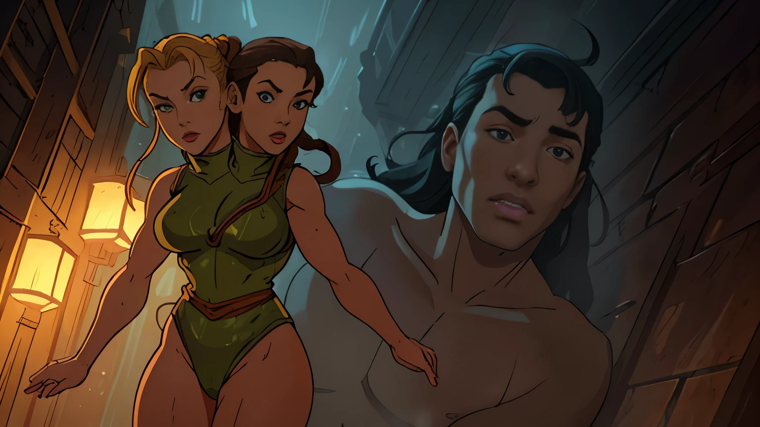 (((2heads))),1man, ((dressed like cammy from street fighter)),a man in the style of nocturne, black skin, pale skin, Dominican,  facial hair, speedo, body hair, , ((big bulge)), thick lips,  dreamy atmosphere, dark cyan and red, i can't believe how beautiful this is, serene atmosphere, piles/stacks, flickering light, epic realistic, in a dimly lit dungeon, shackles on ankles and arms, illustrated by herg, style of tin tin comics, pen and ink,art by greg rutkowski and artgerm, soft cinematic light,hdr, intricate, highly detailed, (depth of field:1.4), faded, (neutral colors:1.2), (hdr:1.4), (muted colors:1.2), hyperdetailed, (artstation:1.4), cinematic, warm lights, dramatic light, (intricate details:1.1), complex background, (rutkowski:0.66), (teal and orange:0.4), (intricate details:1.12), hdr, (intricate details, hyperdetailed:1.15) (wet skin texture:1.2), (old)