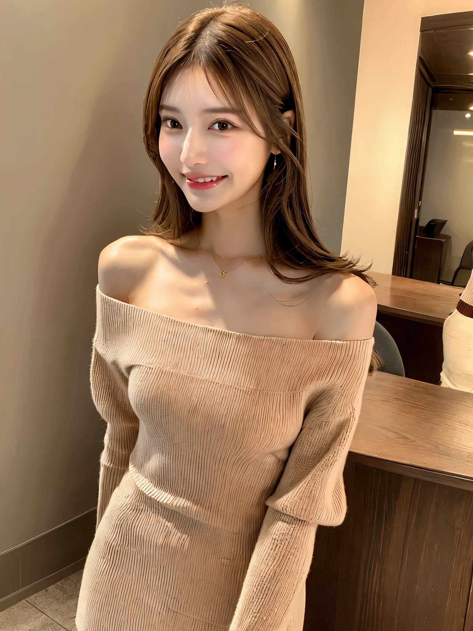 light brown hair, smile, light smile, seductive smile, Verism, first-person view, pov, Surrealism, 8k, UHD, best quality, highres, award winning, high quality, high details, super detail, textured skin, anatomically correct, masterpiece, ccurate, retina, 1girl, solo, Full body, Standing, (So sexy look), Off shoulder, V-neck knit dress, Tight dress, Princess dress, mini-knit dress, Knee length, knit dress, party dress, long sleeve, Lady, sexy, Knee length casual dress, Elegant, office lady, Second meeting, wedding style, Korean Fashion, K-pop star, K-pop fashion, Big breasts