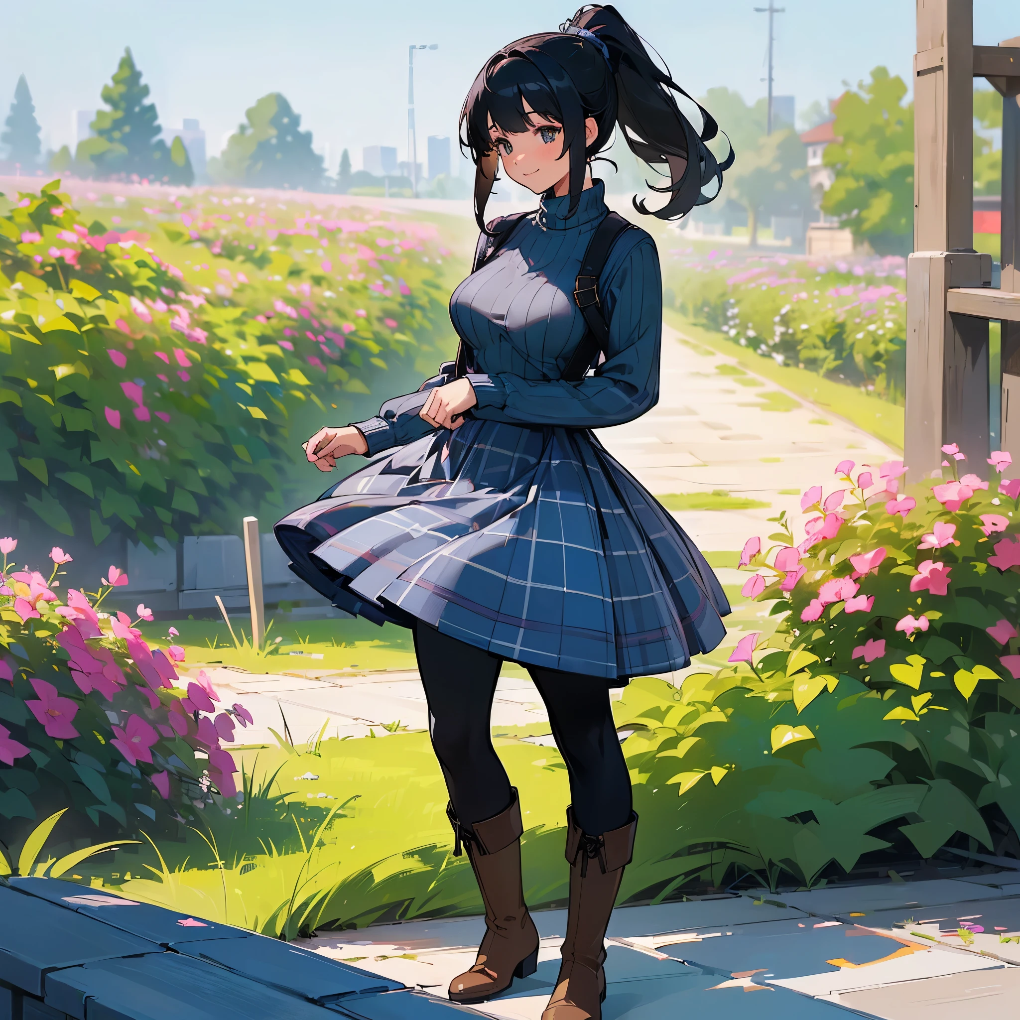 (high quality, high resolution, Super detailed, Reality:1.37), peaceful atmosphere, (outdoor, garden), Teenage girl standing alone, (My breasts are big.), Beautiful detailed features, cute smile, (black hair ponytail), ribbed sweater, blue plaid skirt, Black tights, brown boots.