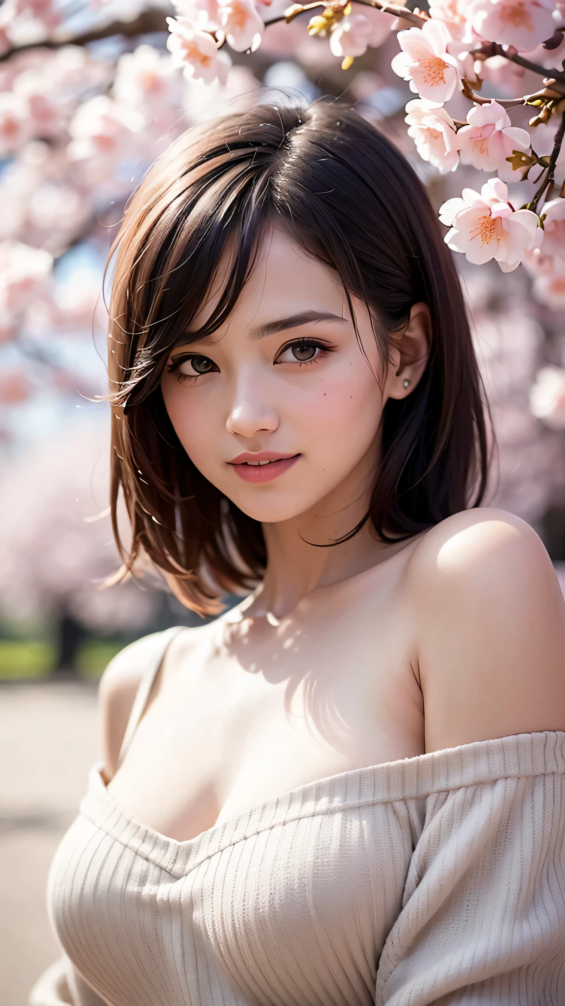 1girl, (Ultra realistic), (highly detailed eyes, highly detailed hair, highly detailed face, highly detailed plump lips), (off shoulder), breasts, caute smile, (best quality:1.4), Raw photo, (Ultra realistic), (photo-realistic:1.4), professional photography, cinematic light, depth of fields, Cherry blossoms in full bloom, cherry blossom trees, sunny skies,