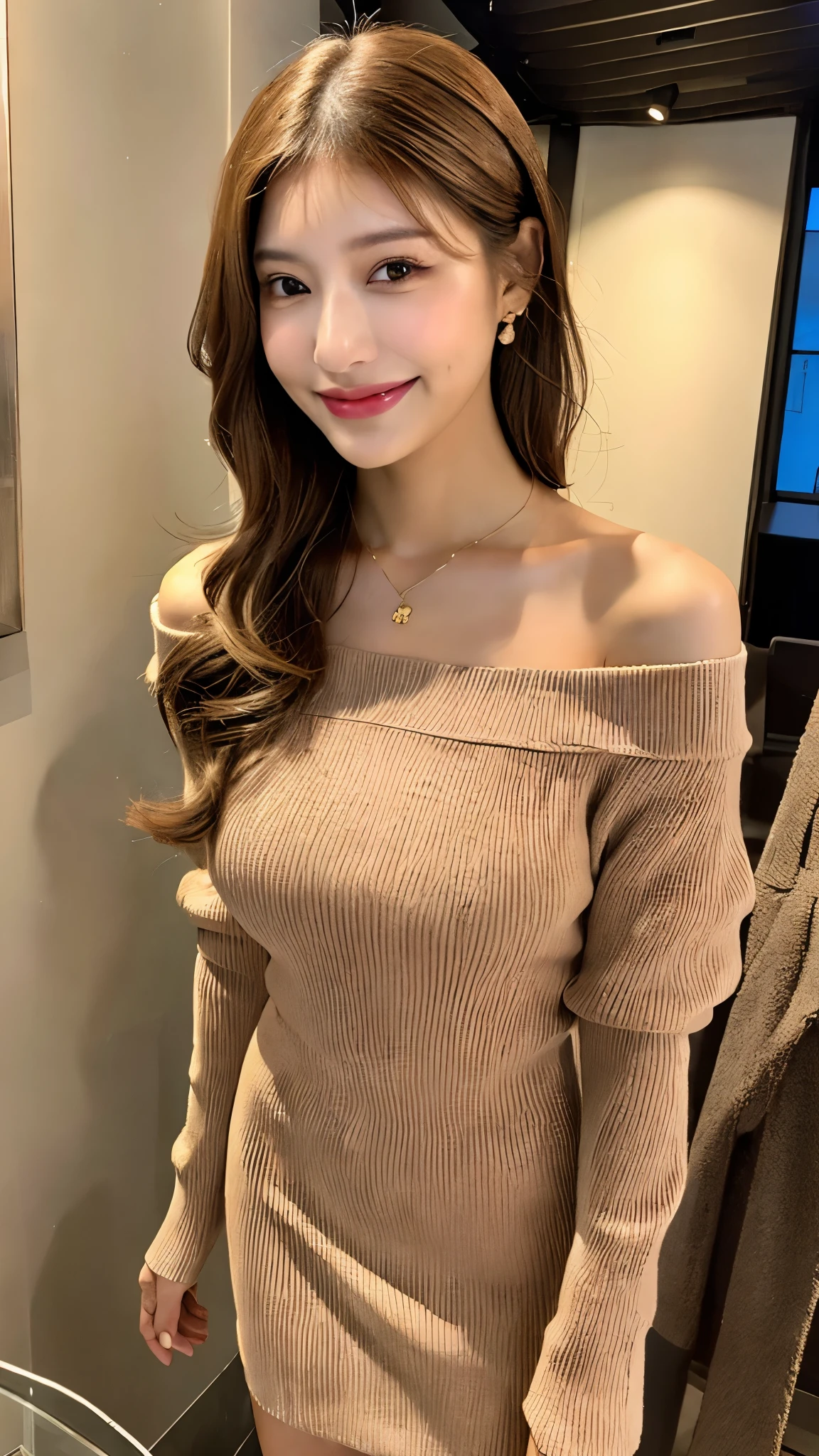 light brown hair, smile, light smile, seductive smile, Verism, first-person view, pov, Surrealism, 8k, UHD, best quality, highres, award winning, high quality, high details, super detail, textured skin, anatomically correct, masterpiece, ccurate, retina, 1girl, solo, (((Full body))), (((Standing))), Hands on hips, (So sexy look), Random color, Off shoulder, V-neck knit dress, Tight dress, Princess dress, mini-knit dress, Knee length, knit dress, party dress, long sleeve, Lady, sexy, Knee length casual dress, Elegant, office lady, Second meeting, wedding style, Korean Fashion, K-pop star, K-pop fashion, Big breasts
