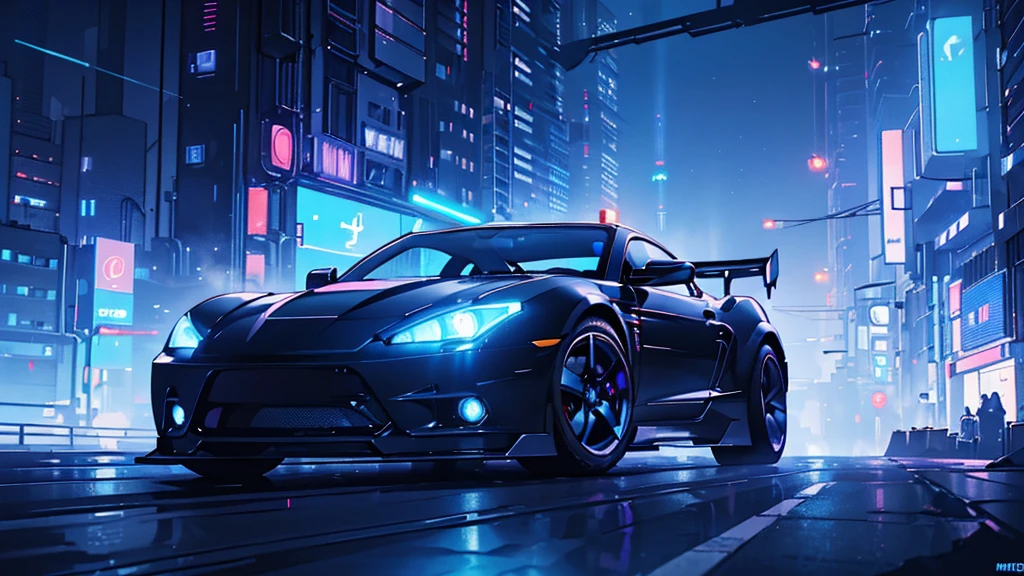(black sports car, blue headlights, light trail), (blue cyberpunk city, blue neon, the background is a cyberpunk-style night view of the city, cyberpunk vibe), (8k, extremaly detailed, lighting like a movie, lense flares)
