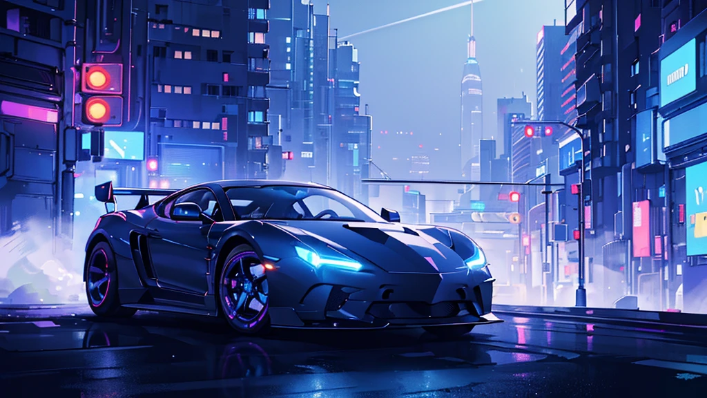 (black sports car, blue headlights, light trail), (blue cyberpunk city, blue neon, the background is a cyberpunk-style night view of the city, cyberpunk vibe), (8k, extremaly detailed, lighting like a movie, lense flares)
