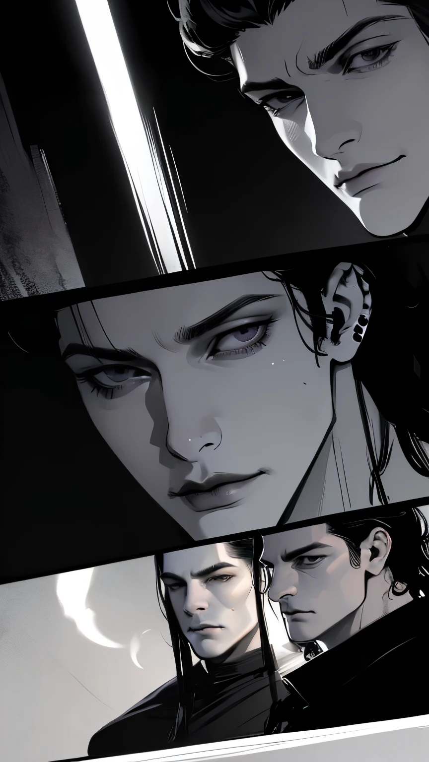 high detail, masterpiece, dramatic lighting(absurdres, highres, ultra detailed), extremely detailed CG unity 8k. mature face, adult man, man, mature man, muscular, tall, long dark black hair, sharp jawline, sharp eyes, muscular build, long earrings, mature man, piercings, formal black clothing
