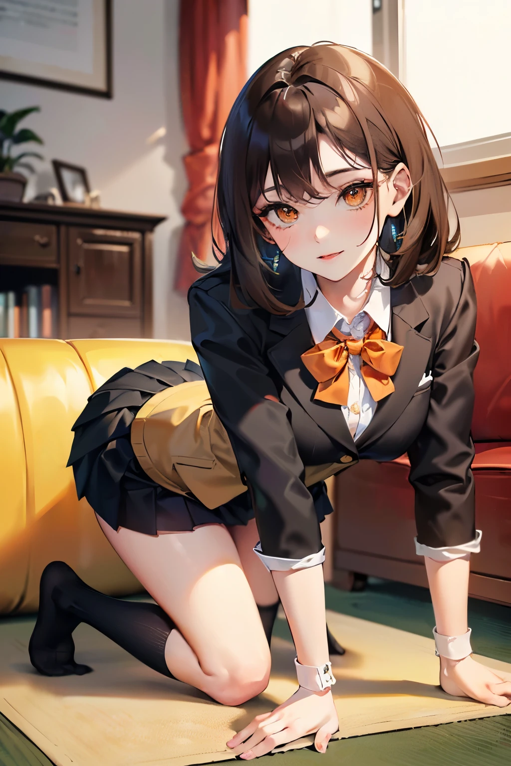 (((((1girl))))), (((best quality))), ((((masterpiece)))), ((ultra-detailed)), (illustration), (detailed light), (an extremely delicate and beautiful), (beautiful detailed eyes), (sunlight), ((extremely light)),
((((school blazer and a pleated skirt)))),
school girl,
wavy medium hair, (((dark brown hair))), (((long hair))),
(((deep orange eyes))),
((whole body)), aged 14 to 17,
diamond, beautiful, ((extra elegant)), (((condescending expression))), (sexually mischievous smile), (((extra adorable))), (((extra slender shape))),
(((sitting on the desk in the classroom with a leg up))),
(((exposed pale pink panties))),
(((extraordinarily thin thighs))),
(((mat white ankle socks))),