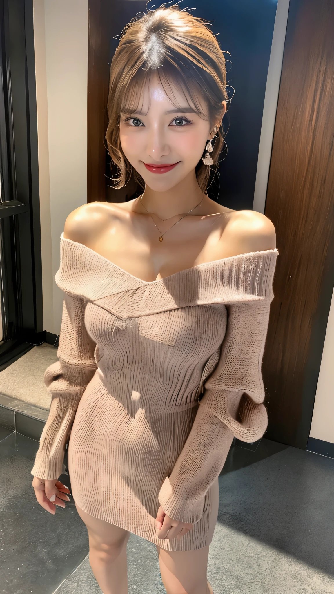 light brown hair, smile, light smile, seductive smile, Verism, first-person view, pov, Surrealism, 8k, UHD, best quality, highres, award winning, high quality, high details, super detail, textured skin, anatomically correct, masterpiece, ccurate, retina, 1girl, solo, (((Full body))), (((Standing))), (((Wide-Angle))), Hands on hips, (So sexy look), (((Random color kint))), Off shoulder, V-neck knit dress, Tight dress, Princess dress, mini-knit dress, Knee length, knit dress, party dress, long sleeve, Lady, sexy, Knee length casual dress, Elegant, office lady, Second meeting, wedding style, Korean Fashion, K-pop star, K-pop fashion, Big breasts