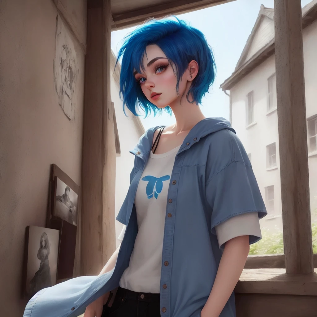 "blue-haired girl,short hair,beautiful detailed eyes,beautiful detailed lips,extremely detailed eyes and face,long eyelashes,medium:oil painting,ultra-detailed,(best quality,4k,8k,highres,masterpiece:1.2),studio lighting,physically-based rendering,vivid colors,portrait,blue color palette,warm lighting"