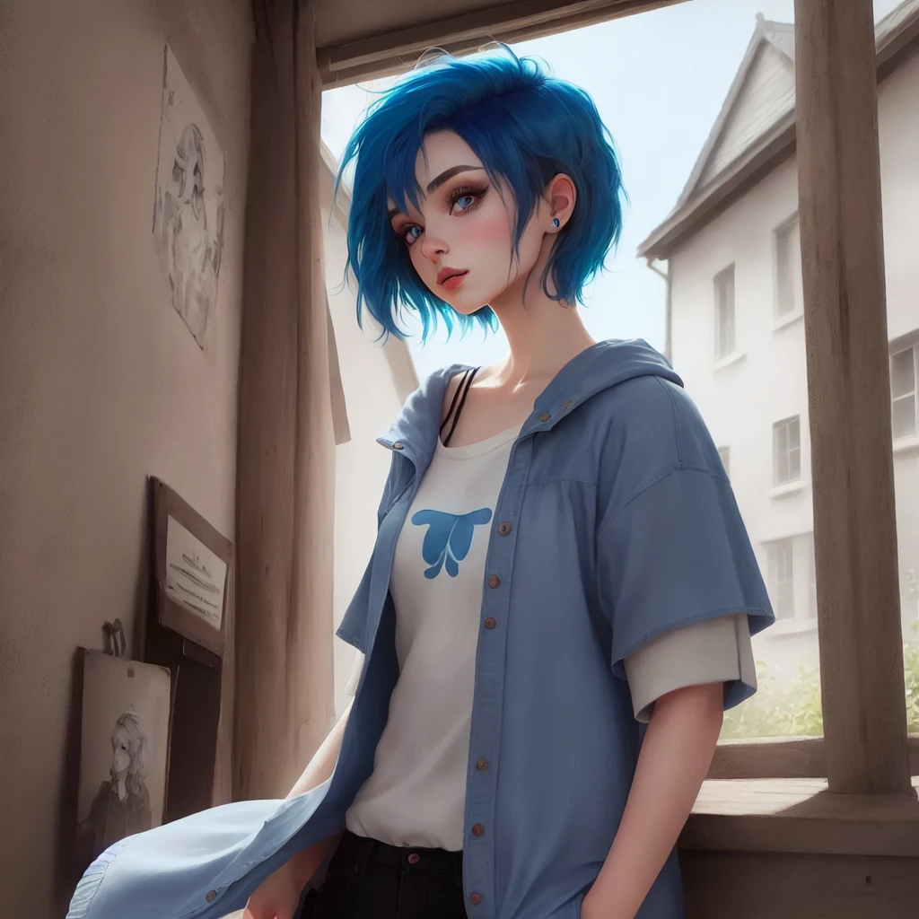 "blue-haired girl,short hair,beautiful detailed eyes,beautiful detailed lips,extremely detailed eyes and face,long eyelashes,medium:oil painting,ultra-detailed,(best quality,4k,8k,highres,masterpiece:1.2),studio lighting,physically-based rendering,vivid colors,portrait,blue color palette,warm lighting"