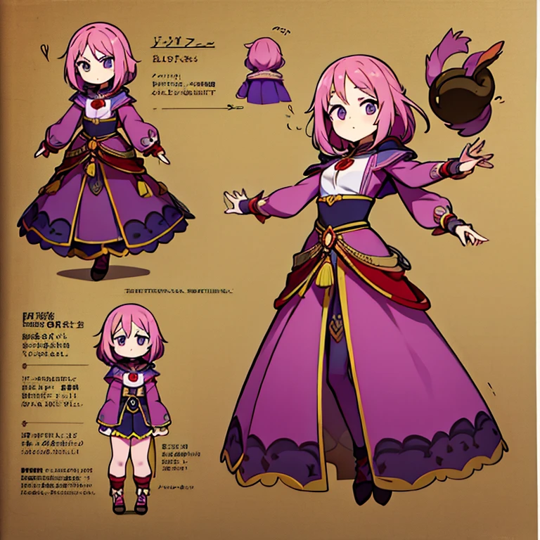 Personagem feminino,cabelo longo,cheio e ondulado de cor castanho escuro, seus olhos castanhos escuro, cor da pele parda, in anime version, de cores das veste branca, with pink and lilac details, em desenho flores, uma personagem feminina estilo anime e uma mestra de bombas Model sheet.
