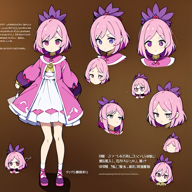 Personagem feminino,cabelo longo,cheio e ondulado de cor castanho escuro, seus olhos castanhos escuro, cor da pele parda, in anime version, de cores das veste branca, with pink and lilac details, em desenho flores, uma personagem feminina estilo anime e uma mestra de bombas Model sheet.