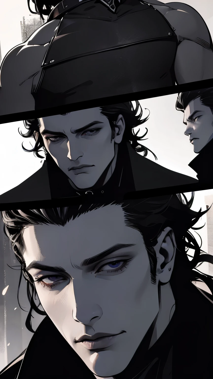 high detail, masterpiece, dramatic lighting(absurdres, highres, ultra detailed), extremely detailed CG unity 8k. mature face, adult man, man, mature man, muscular, tall, long dark black hair, sharp jawline, sharp eyes, muscular build, long earrings, mature man, piercings, formal black clothing