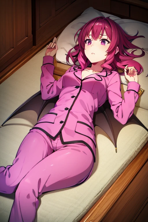 A pink haired woman with violet eyes is laying in a coffin in cute bat covered pajamas