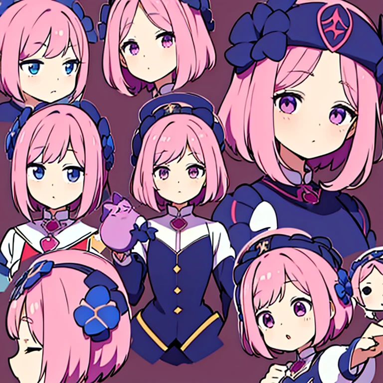 Personagem feminino,cabelo longo,cheio e ondulado de cor castanho escuro, seus olhos castanhos escuro, cor da pele parda, in anime version, de cores das veste branca, with pink and lilac details, em desenho flores, uma personagem feminina estilo anime e uma mestra de bombas Model sheet.