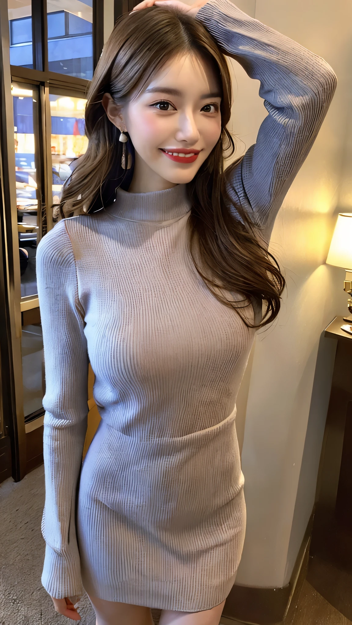 light brown hair, smile, light smile, seductive smile, Verism, first-person view, pov, Surrealism, 8k, UHD, best quality, highres, award winning, high quality, high details, super detail, textured skin, anatomically correct, masterpiece, ccurate, retina, 1girl, solo, (((Full body))), (((shoot from front))), (((Standing))), (((wide shot))), Hands on hips, sexy pose, Beautiful Korean Woman, (((Random color kint dress))), Turtleneck knit dress, Tight dress, Princess dress, mini-knit dress, Knee length, knit dress, party dress, long sleeve, Lady, sexy, Knee length casual dress, Elegant, office lady, Second meeting, wedding style, Korean Fashion, K-pop star, K-pop fashion, Big breasts