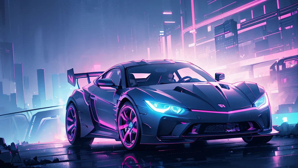 (black sports car, blue headlights, light trail), (blue and pink cyberpunk city, blue and pink neon, the background is a cyberpunk-style night view of the city, cyberpunk vibe), (8k, extremaly detailed, lighting like a movie, lense flares)