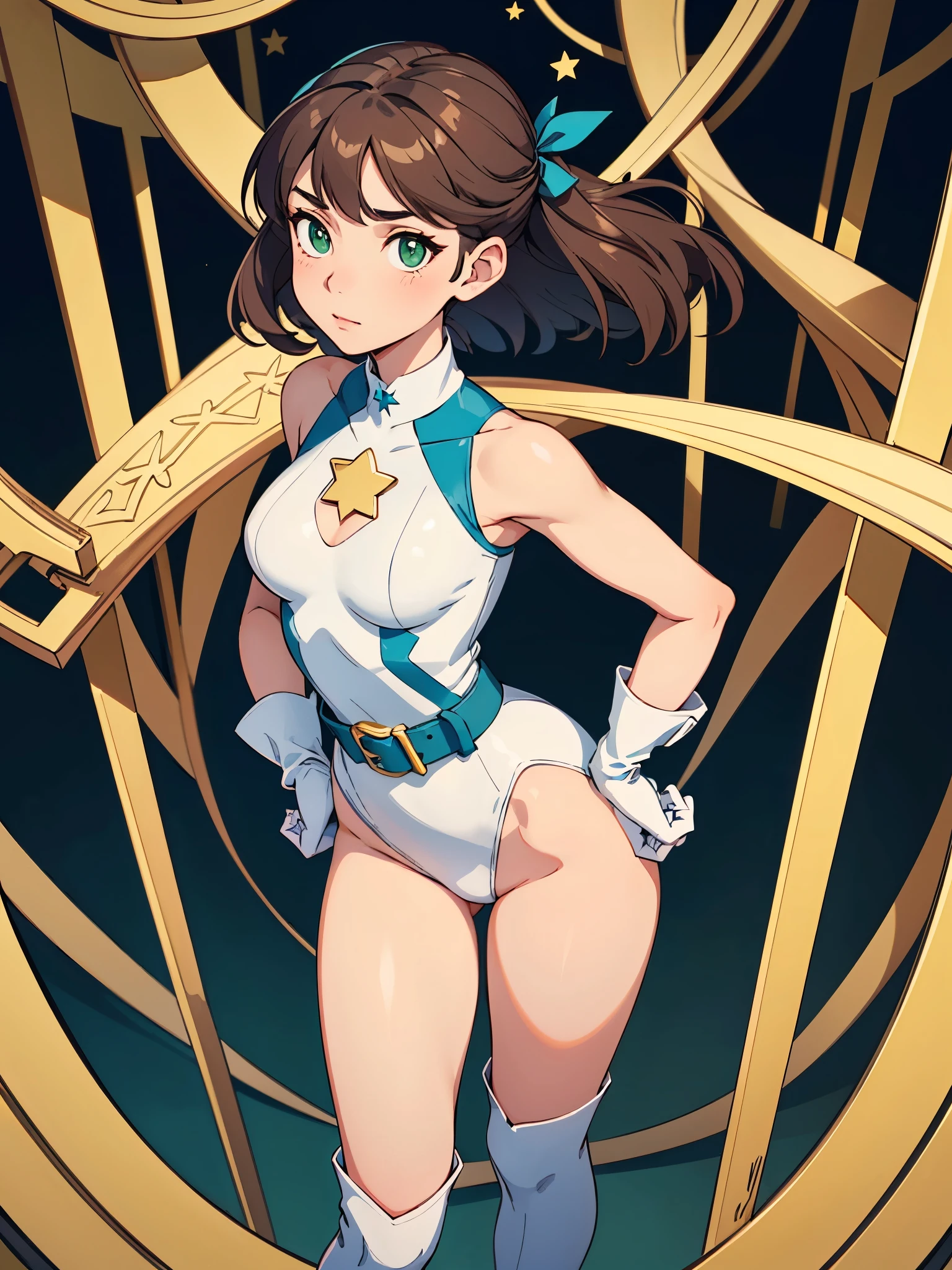 (((pixel-perfect, detail-perfect))), 1girl, superhero, leotard, highleg leotard, ((white and blue leotard)), bare legs, boots, gloves, ((white gloves)), standing, solo focus, (golden belt), hands on hip, full body shot, tokyo city backdrop, sleeveless, ultra highres, absurdres, beautiful face, detailed eyes, symmetric eyes, perfect body, good proportions, mature lady, brown hair, bob hair, ((gold star on chest)), ((green eyes))