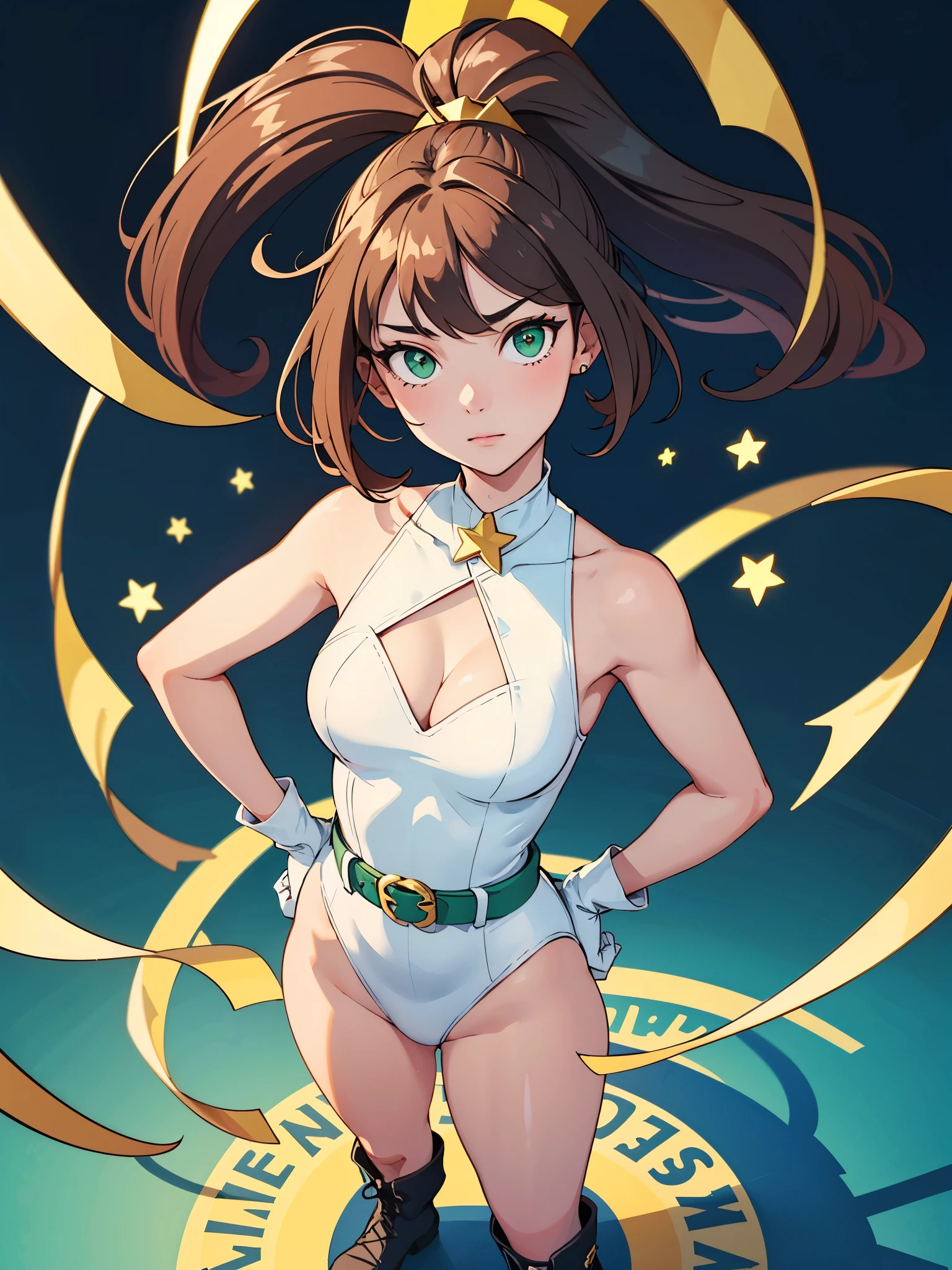 (((pixel-perfect, detail-perfect))), 1girl, superhero, leotard, highleg leotard, ((white and blue leotard)), bare legs, boots, gloves, ((white gloves)), standing, solo focus, (golden belt), hands on hip, full body shot, tokyo city backdrop, sleeveless, ultra highres, absurdres, beautiful face, detailed eyes, symmetric eyes, perfect body, good proportions, mature lady, brown hair, bob hair, ((gold star on chest)), ((green eyes))