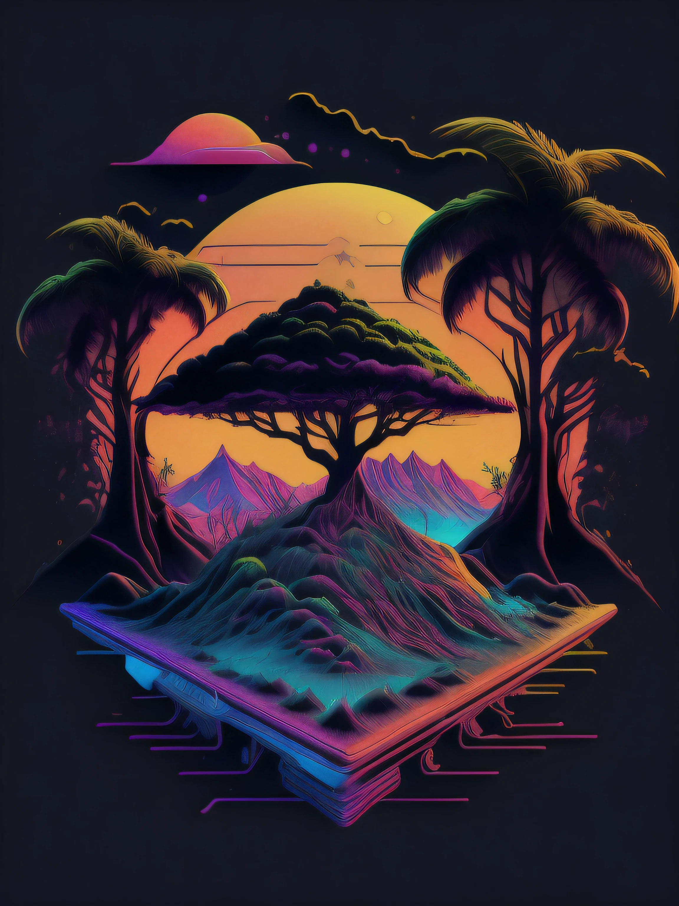 psychodelic, imagem vetorial, design de camiseta, isolado, fundo preto, futuristic 3D illustration, uma arvore ancestral