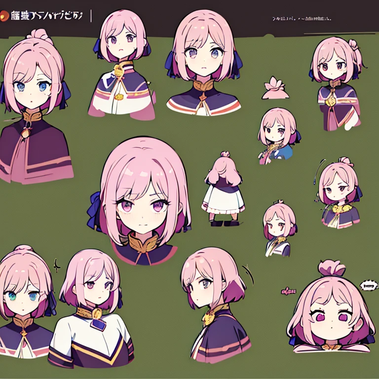 Personagem feminino,cabelo longo,cheio e ondulado de cor castanho escuro, seus olhos castanhos escuro, cor da pele parda, in anime version, de cores das veste branca, with pink and lilac details, em desenho flores, uma personagem feminina estilo anime e uma mestra de bombas Model sheet.