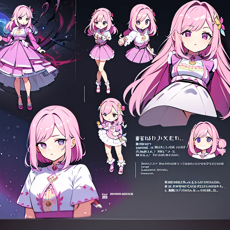 Personagem feminino,cabelo longo,cheio e ondulado de cor castanho escuro, seus olhos castanhos escuro, cor da pele parda, in anime version, de cores das veste branca, with pink and lilac details, em desenho flores, uma personagem feminina estilo anime e uma mestra de bombas Model sheet.