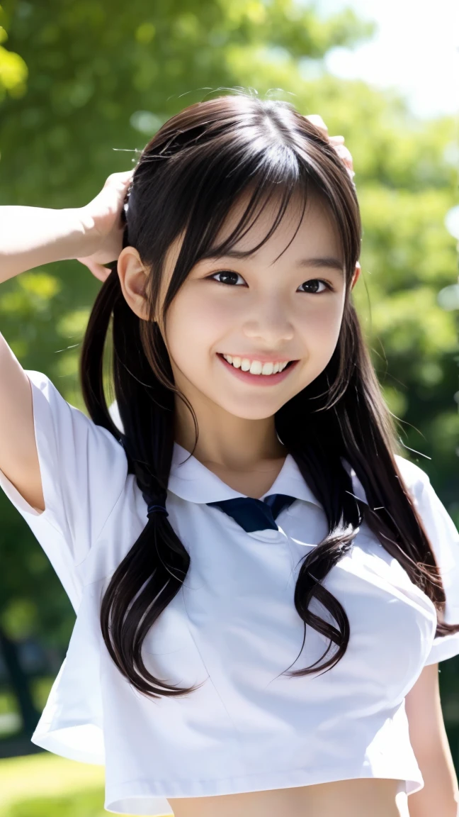 15 year old beautiful girl、Absolutely Beautiful Girl、quite thin、big breasts、whole body、Slim body type、young face、baby face、white blouse、uniform、high school student、short skirt、Angle that allows you to see the lower body、thin waist、thin legs、beautiful skin、medium long hair、at the park、thin and 、smile、show your teeth