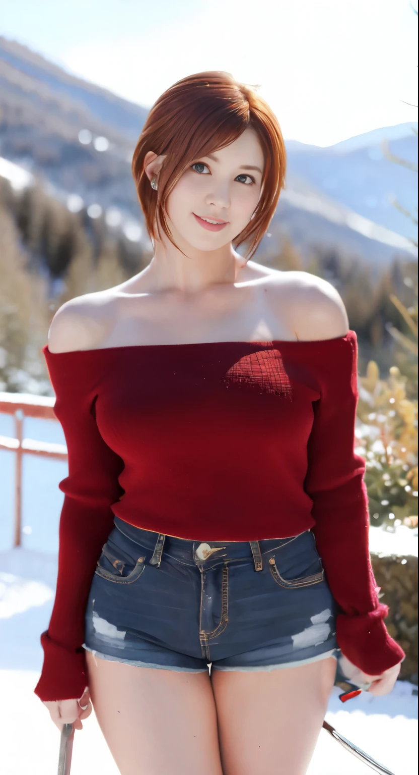 Claire Redfield from Resident Evil, posing seductively to viewer, solo:1, pov, beautiful thick thighs, realistic hands, standing
Sunny Ski resort background, long auburn hair, 3/4 body, off-shoulder buttoned winter jacket