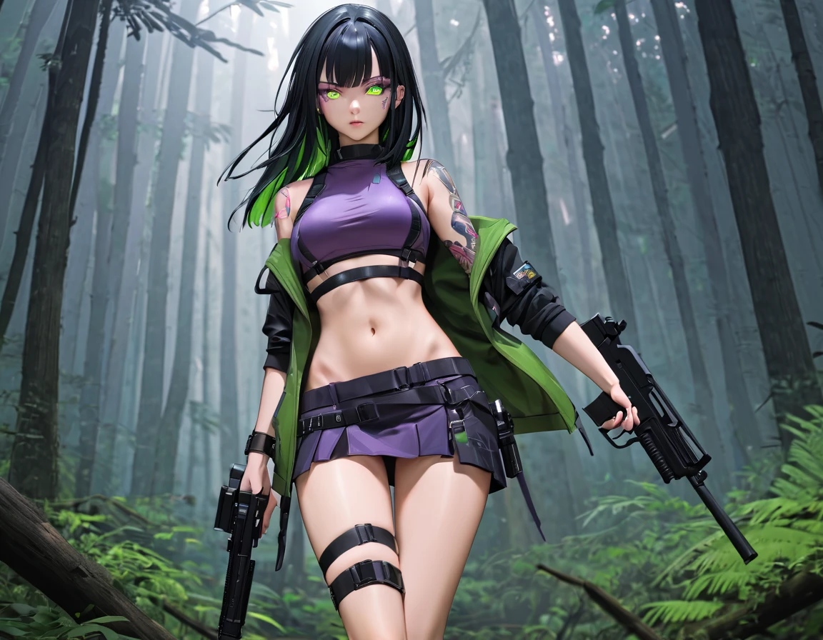 1 girl, solo, long_hair, bangs_between_the_eyes black_hair_with_shake_green, bi_color_purple_neon eyes, sexy_face, gun_in_hand, right_hand, cyberpunk_clothes, short_jacket, navel appears, short_skirt, scarred_legs, left_arm_band, tattoo_above_navel_background_of_abandoned_forest, manga_style_image .
