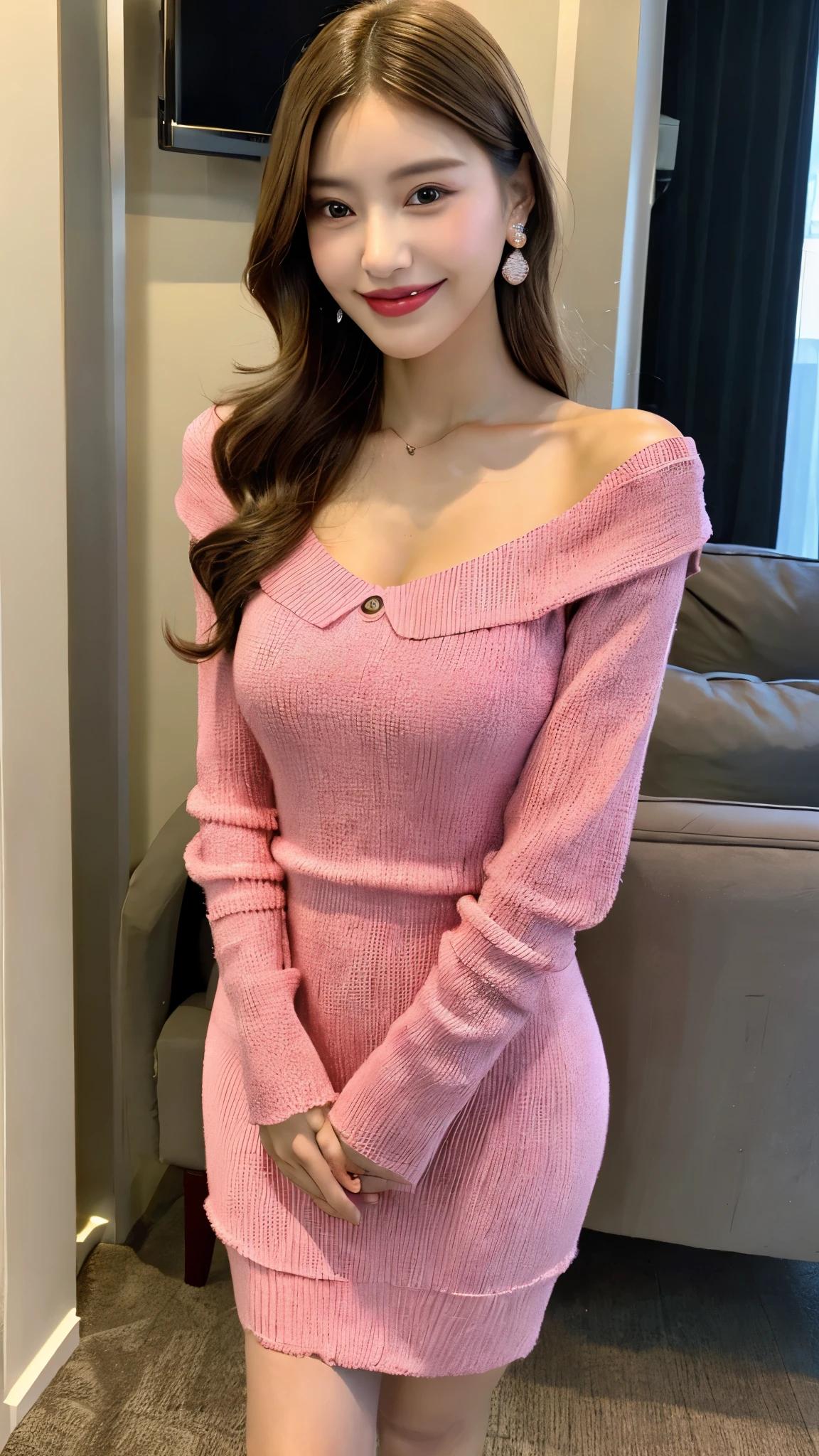 light brown hair, smile, light smile, seductive smile, Verism, first-person view, pov, Surrealism, 8k, UHD, best quality, highres, award winning, high quality, high details, super detail, textured skin, anatomically correct, masterpiece, ccurate, retina, 1girl, solo, (((Full body))), (((shoot from front))), (((Standing))), (((wide shot))), Hands on hips, sexy pose, Beautiful Korean Woman, (((Random color kint dress))), V-neck knit dress, Tight dress, Princess dress, mini-knit dress, Knee length, knit dress, party dress, long sleeve, Lady, sexy, Knee length casual dress, Elegant, office lady, Second meeting, wedding style, Korean Fashion, K-pop star, K-pop fashion, Big breasts