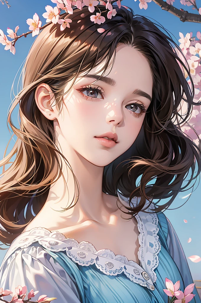 (masutepiece, Digital Art, Digital Illustration, 4K, 8K, Ultra-detailed, beautiful image, Sharp Image, Photorealistic, Raw photo, Perfect face, Perfect lines, Perfect eyes, Soft lighting) , a couple, 1 girl 1 boy, Hair color is different, Medium brown hair and brown eyes, Short black hair and gray eyes, Romance, Lie on the ground, See the cherry blossoms、the kiss、Kissing、couple kissing、a couple、Lip touch