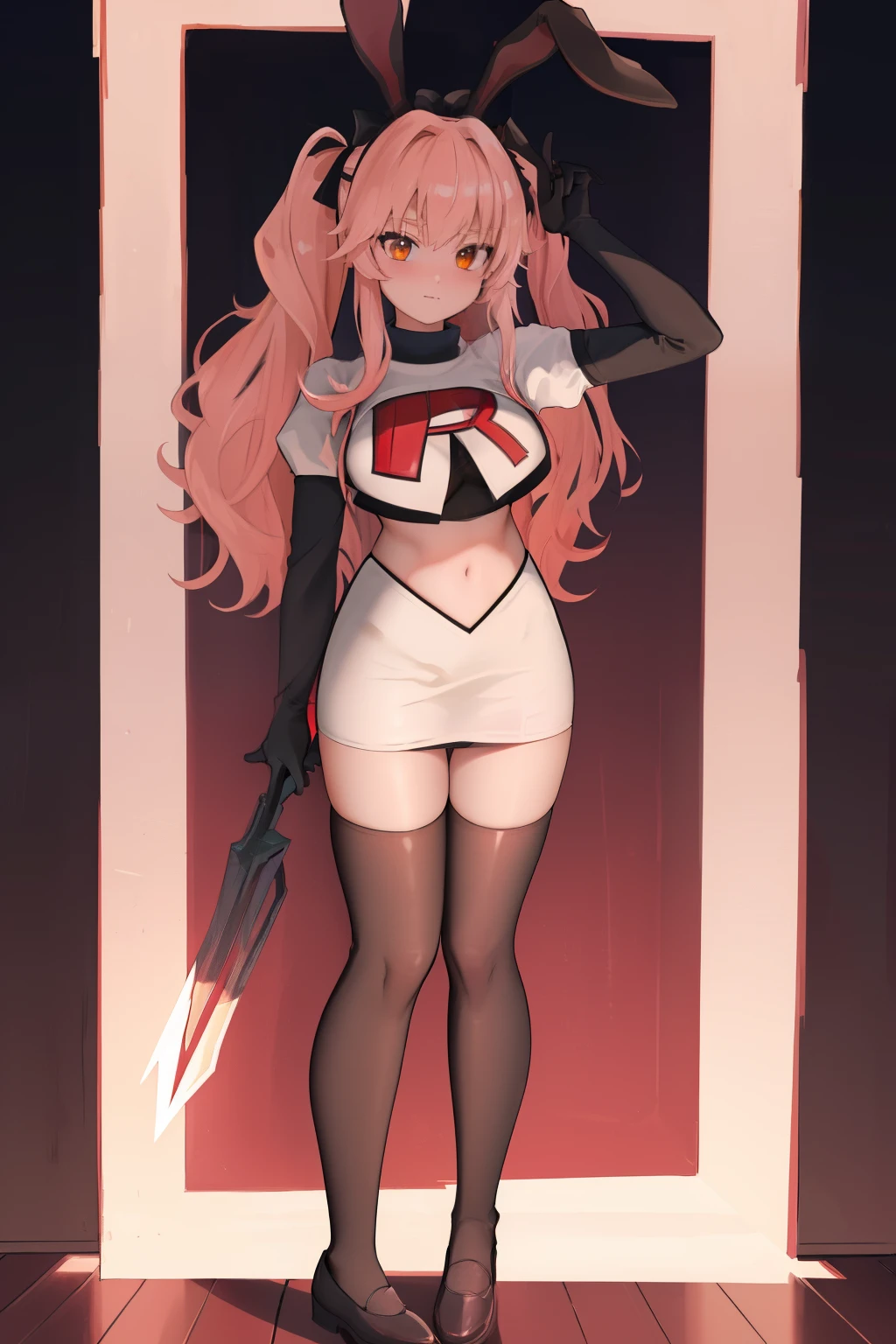 masterpiece, best quality, CG, wallpaper, HDR, high quality, high-definition, extremely detailed, koyanskaya, rabbit ears, team rocket,team rocket uniform, red letter R, white skirt,white crop top,black thigh-highs,black elbow gloves