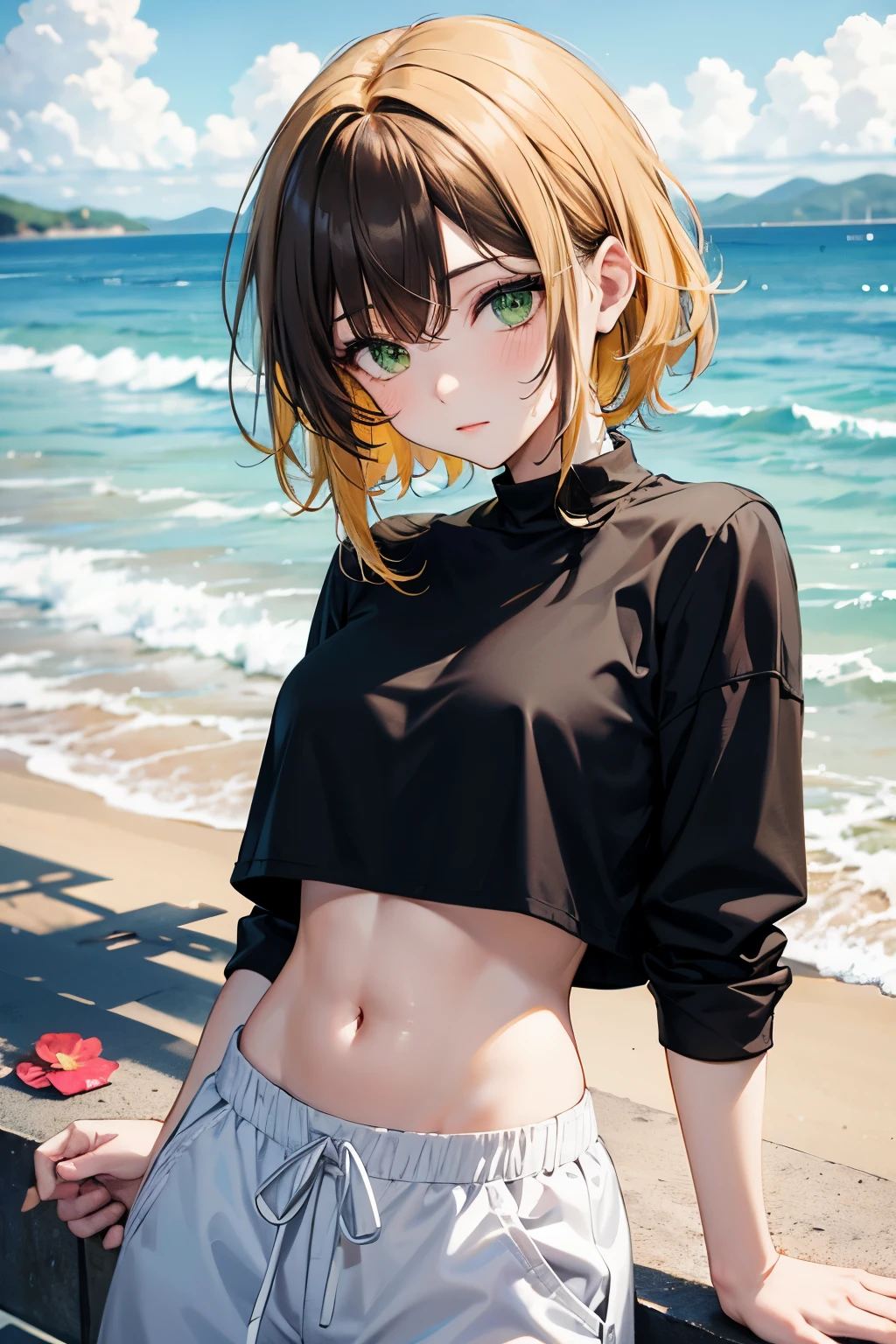Yellow hair girl, messy hair, black hair highlights, green eyes, black cropped shirt, with for flower, white sweatpants, madure aesthetic body, in beach