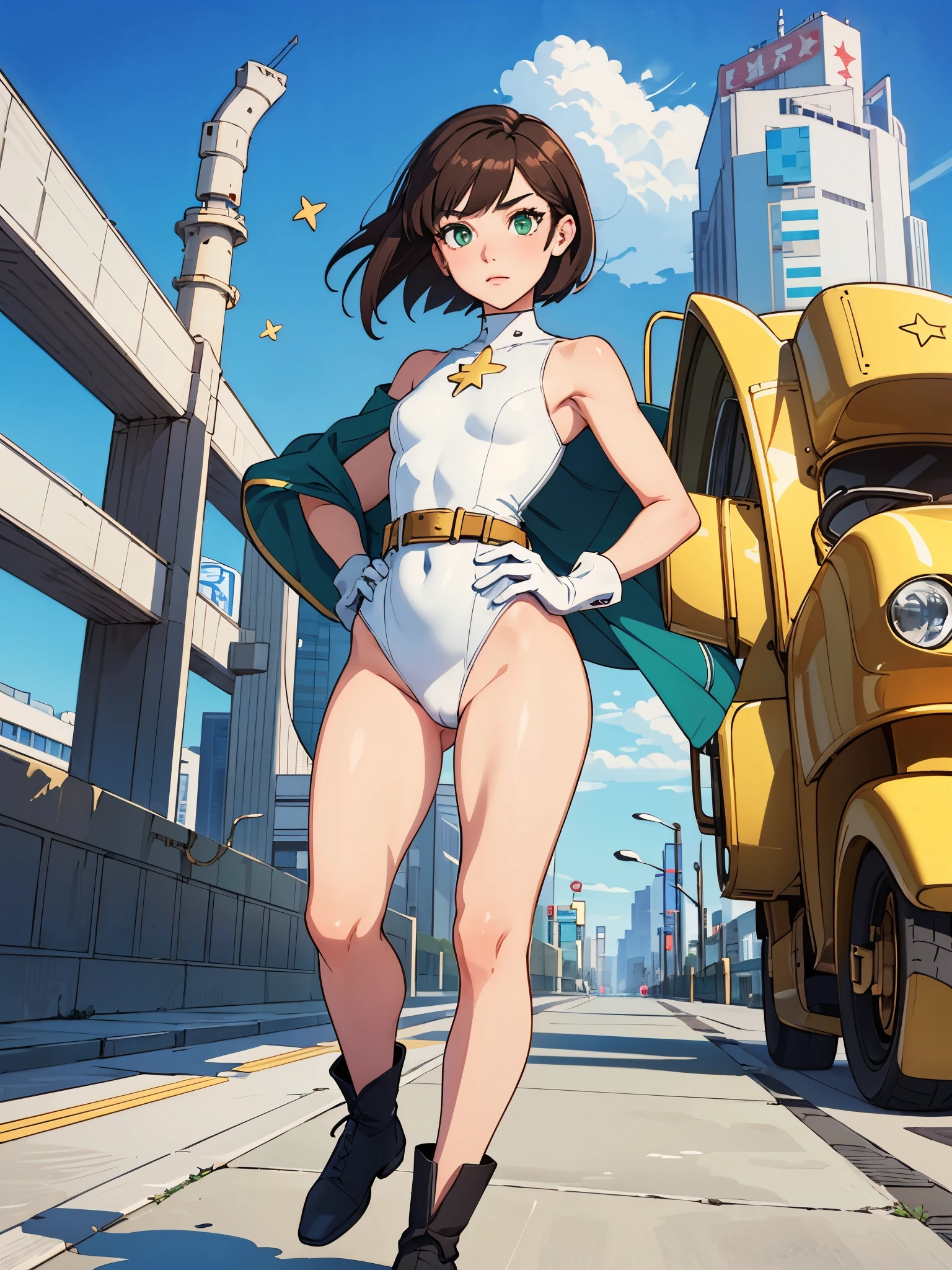 (((pixel-perfect, detail-perfect))), 1girl, superhero, leotard, highleg leotard, ((white and blue leotard)), bare legs, boots, gloves, ((white gloves)), standing, solo focus, (golden belt), hands on hip, full body shot, tokyo city backdrop, sleeveless, ultra highres, absurdres, beautiful face, detailed eyes, symmetric eyes, perfect body, good proportions, mature lady, brown hair, bob hair, ((gold star on chest)), ((green eyes))