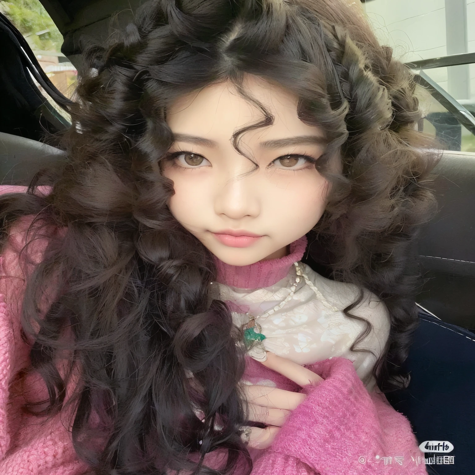 a close up of a woman com cabelo comprido wearing a pink sweater, com cabelos longos e cacheados, franja encaracolada, Corte de cabelo cacheado com parte do meio, Ulzzang, long and messy curly hair, com cabelo comprido, com cabelo comprido and piercing eyes, cabelo branco cacheado, asian girl com cabelo comprido, fotografia selfie 8k, cabelos ondulados espalhados, ela parece uma mistura de sujeira