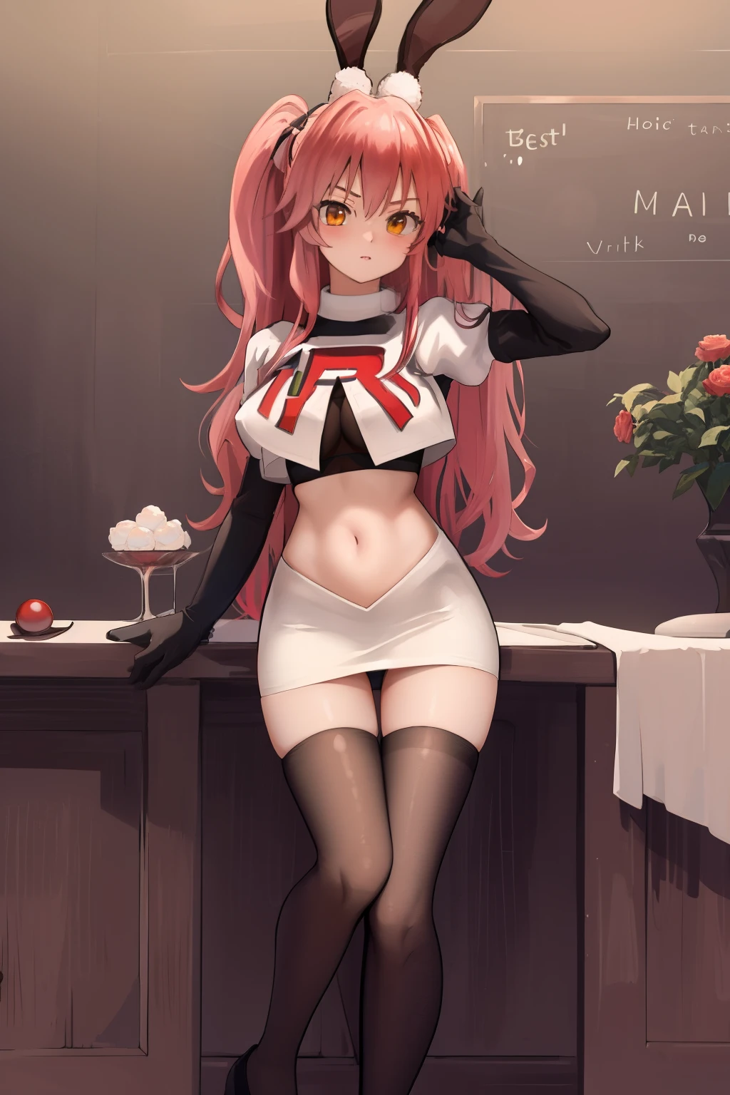 masterpiece, best quality, CG, wallpaper, HDR, high quality, high-definition, extremely detailed, koyanskaya, rabbit ears, team rocket,team rocket uniform, red letter R, white skirt,white crop top,black thigh-highs,black elbow gloves