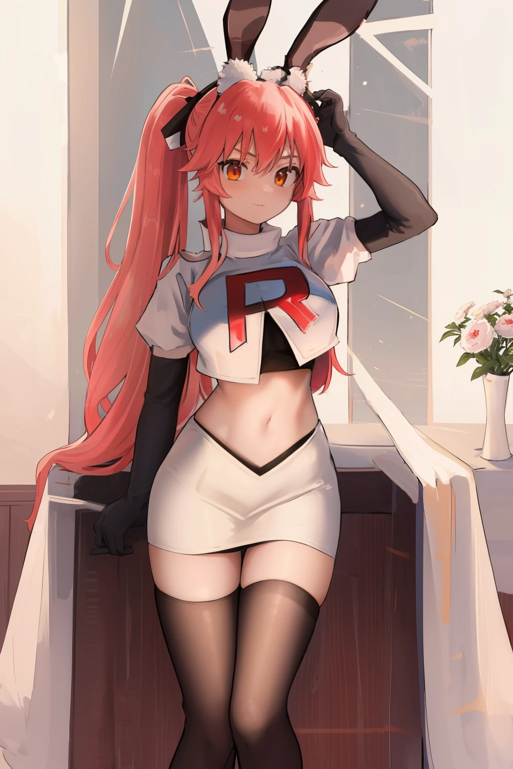 masterpiece, best quality, CG, wallpaper, HDR, high quality, high-definition, extremely detailed, koyanskaya, rabbit ears, team rocket,team rocket uniform, red letter R, white skirt,white crop top,black thigh-highs,black elbow gloves