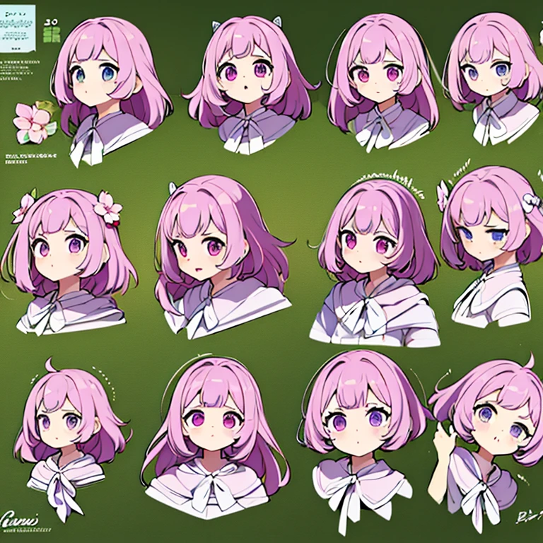 Personagem feminino,cabelo longo,cheio e ondulado de cor castanho escuro, seus olhos castanhos escuro, cor da pele parda, in anime version, de cores das veste branca, with pink and lilac details, em desenho flores, uma personagem feminina estilo anime e uma mestra de bombas Model sheet.