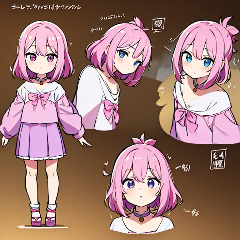 Personagem feminino,cabelo longo,cheio e ondulado de cor castanho escuro, seus olhos castanhos escuro, cor da pele parda, in anime version, de cores das veste branca, with pink and lilac details, em desenho flores, uma personagem feminina estilo anime e uma mestra de bombas Model sheet.