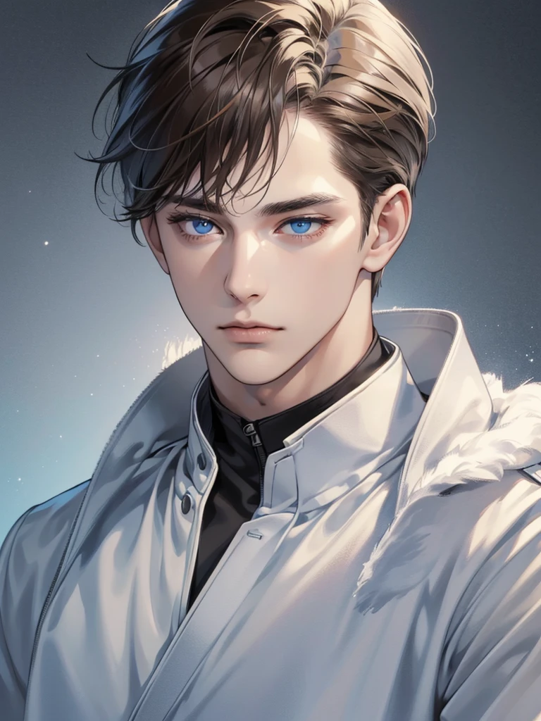 (best quality digital art digital illustration 4k high resolution beautiful image hyper-detailed image perfect lines soft lighting night environment focus face soft zoom) (1:1 photorealistic) (neutral colors hdr 1.4) a young adult man (thoughtful expression) black and white modern clothes blue eyes medium brown hair