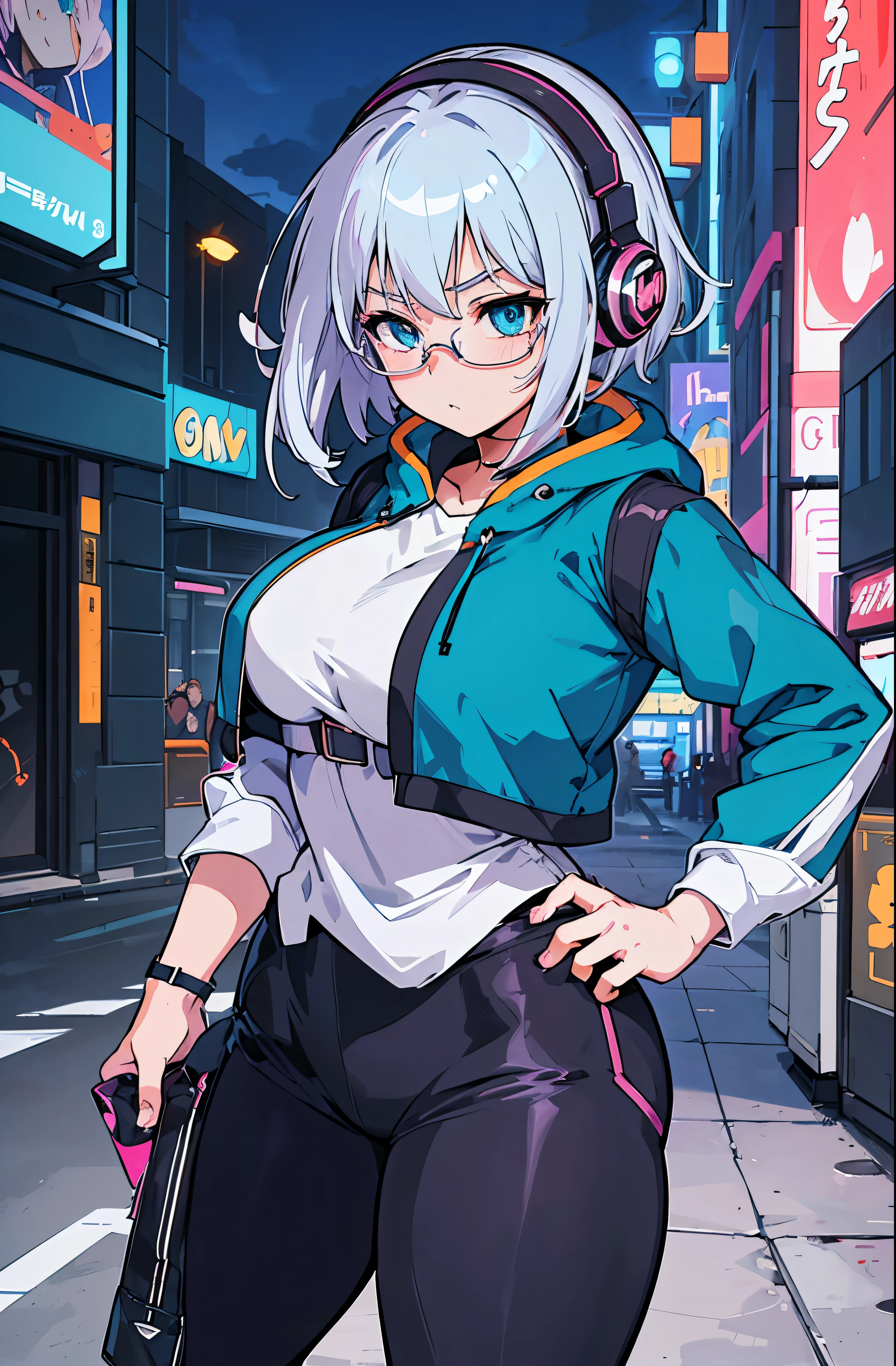 anime poster style, (masterpiece, best quality, ultra detailed, best shadow), (detailed, city background), (beautiful detailed face), high contrast, (best lighting, extremely delicate and beautiful), ((cinematic light))headphones cat icon, glasses, with heterochromia, blue eyes and orange eyes, anime moe art style,adult teen, vector shading anime, white hair,. Anime girl, female anime character, perfect girl with blue-gray hair, short hair,cute girl, curvy hips and thick thighs, pink an black with greenish blue color open jacket with dark blue shorts pants