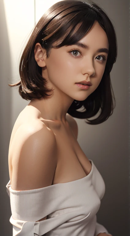 (Photorealistic:1.4), (The focus is on the distant subject:1.4), (Surreal:1.4), (Smooth lighting:1.05),(Cowboy Shot:1.8)、(Japanese: 1.0), (Small breasts: 1.5), (Large, narrow eyes: 1.4), (Natural and realistic eyes: 1.7), (light-colored pupils: 1.7), (Height: 160cm: 1.2), (Transparent white skin: 1.2), Mouth slightly open, Pure beauty,(Age 2:1.9)、 Soft lighting, Backlight, (Cheerfulness:1.2), (Highest quality realistic textured skin), (Anatomically correct:1.2), Super detailed, Textured skin, high quality, Advanced Details, 最high quality, High resolution, short hair, bangs,(Light pink nipples, almost flesh-colored:1.5)、(Small breasts:1.7))、(beautiful, clean hands:1.0)、(Leaning forward:1.3)、(((White open shirt:1.7)))、Glossy nipples、