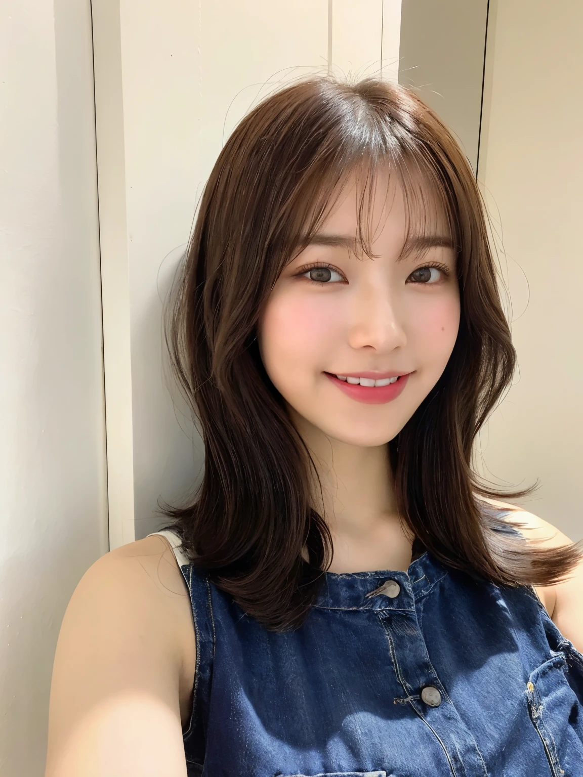(1) hair length Moderate (2) hair color brown hair (3) smileかどうか smile (4) Other images you want to reflect: Sexy is not allowed、Woman in jeans、white wall、Taken in front of the white door、(窓のあるwhite wallの部屋)、(Don't look at the camera)、Shot in natural light、RAW photo, Portrait photo of beautiful 26 year old face, Shooting with Nikon Z7 II mirrorless camera,120mmF/4 wide angle、highest quality, masterpiece, Super detailed, (8K、Raw photo、highest quality、masterpiece:1.2)、High-definition RAW color photo、professional photos、(realistic、フォトrealistic:1.37)、profile