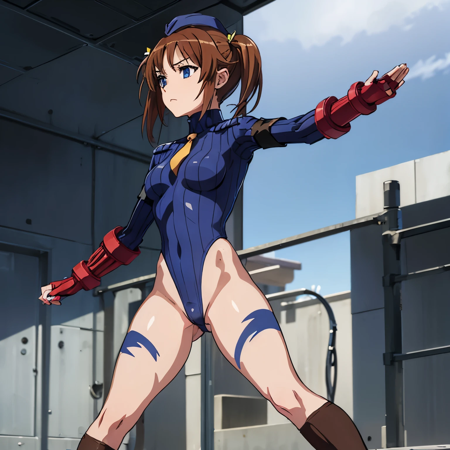 ultra-detailed, Explicit, Beautiful body, Beautiful Nose, Beautiful character design, perfect eyes, perfect face, ultra highres, 4K, beautiful legs, perfect legs, Nice hands, Perfect hand, Masterpiece, Best Quality, Highly detailed, illustration, absurdres, perfect anatomy, street fighter, doll suit, shadaloo doll, dollsuit, expressionless, blank eyes, looking at viewer, red gloves, emotionless, black latex, corrution, mind control, female combatant, full body, hypnotized, unhappy trance, full body suit, ribbed bodysuit, both arms at side, obey, perfect female body, extremely glossy latex, hypnosis, hypnoLora, empty eyes, Mind control device, poses, submissive_pose, Slave, hat, necktie, stand up straight, standing, standing at attention, hat, necktie, belt, latex, ribbed bodysuit, thighhighs, garter belt, Fighting Stance, extending the right arm from the shoulder into the air with a straightened hand, military, thigh boots, 1girl, Solo, akeno misaki, ribbon, short hair, blue eyes, brown hair, twintails, hair ribbon