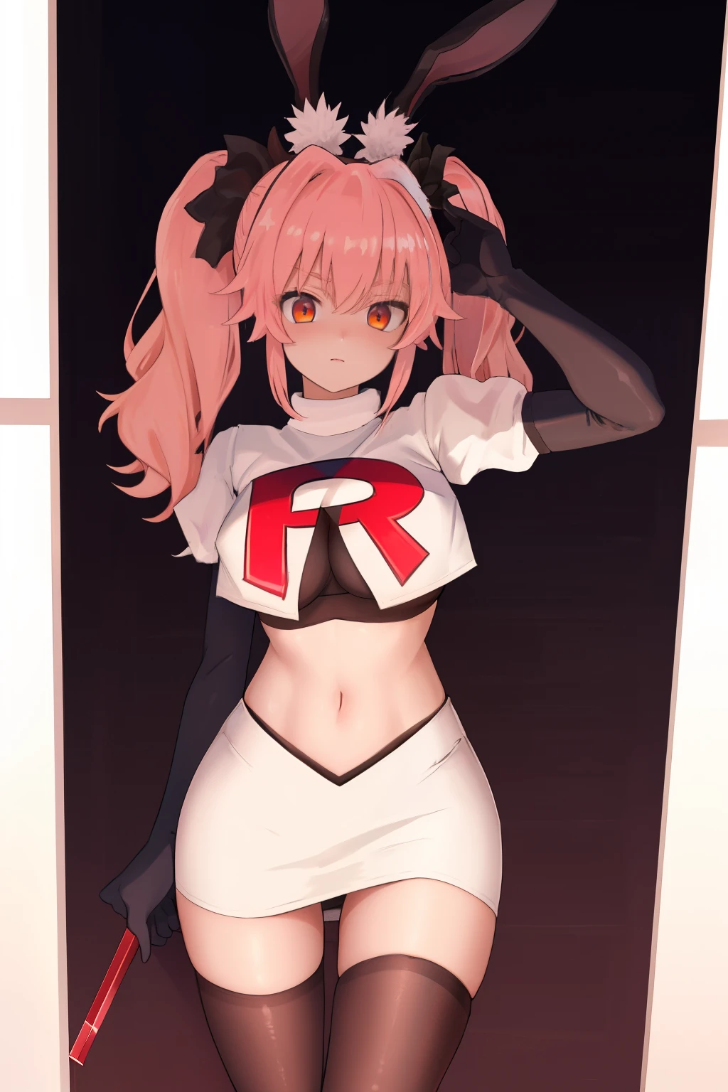 masterpiece, best quality, CG, wallpaper, HDR, high quality, high-definition, extremely detailed, koyanskaya, rabbit ears, team rocket,team rocket uniform, red letter R, white skirt,white crop top,black thigh-highs,black elbow gloves