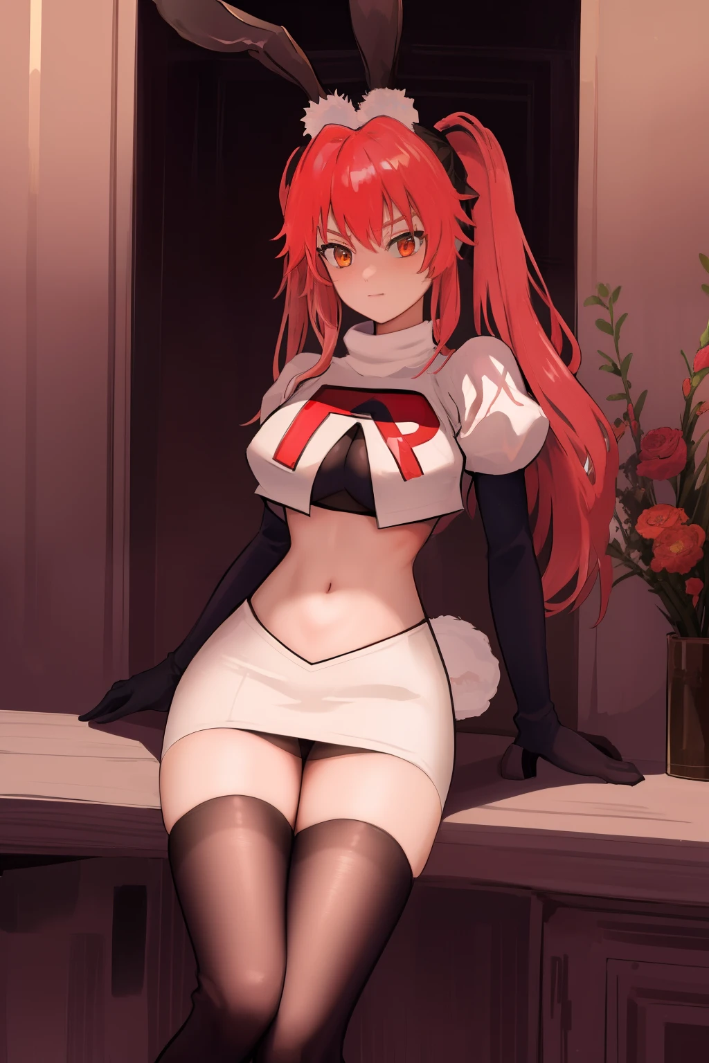 masterpiece, best quality, CG, wallpaper, HDR, high quality, high-definition, extremely detailed, koyanskaya, rabbit ears, team rocket,team rocket uniform, red letter R, white skirt,white crop top,black thigh-highs,black elbow gloves