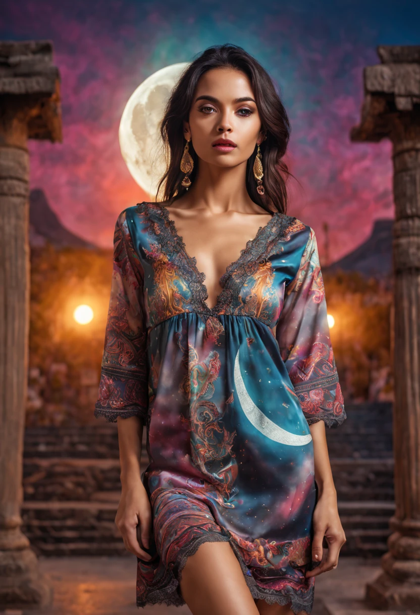 4d fullbody portrait, Hieroglyphic designs fabrics patterns printed on a nighties, top lace, perfect body,, , perfect eyes, perfect lips, jewellery, 8k, hd, detailed body, colorful temple background, moon, splashing smoke,