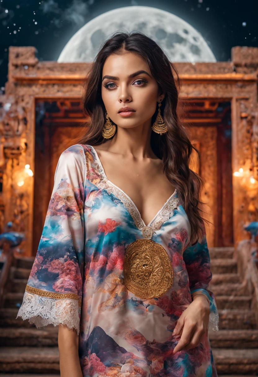 4d fullbody portrait,  Hieroglyphic designs fabrics patterns printed on a nighties,   top lace,  perfect body,,  ,  perfect eyes,  perfect lips,  jewellery, 8k, hd, detailed body,  colorful temple background, moon, splashing smoke,   